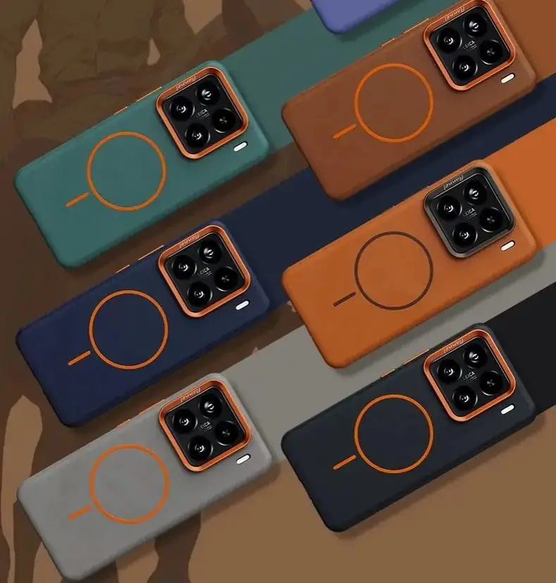 حافظة جلدية مغناطيسية لهاتف Xiaomi Mi 15Pro 14Pro غطاء فاخر يدعم الشحن اللاسلكي وعدسة معدنية وغطاء زر حماية