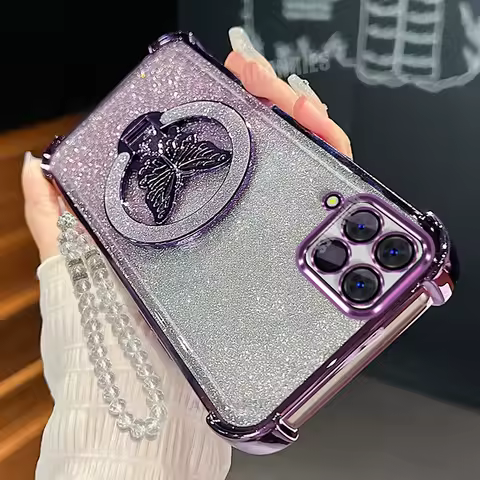 A 12 22 Lanyard Butterfly Holder Case For Samsung Galaxy A12 A22 4g 5g Glitter Shockproof Protect Plating Silicone Stand Cover
