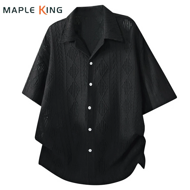Vintage Clothes Hollow Out Jacquard Shirts for Men Short Sleeve Camisas Streetwear 2026 Summer Man Casual Cardigan Country Shirt
