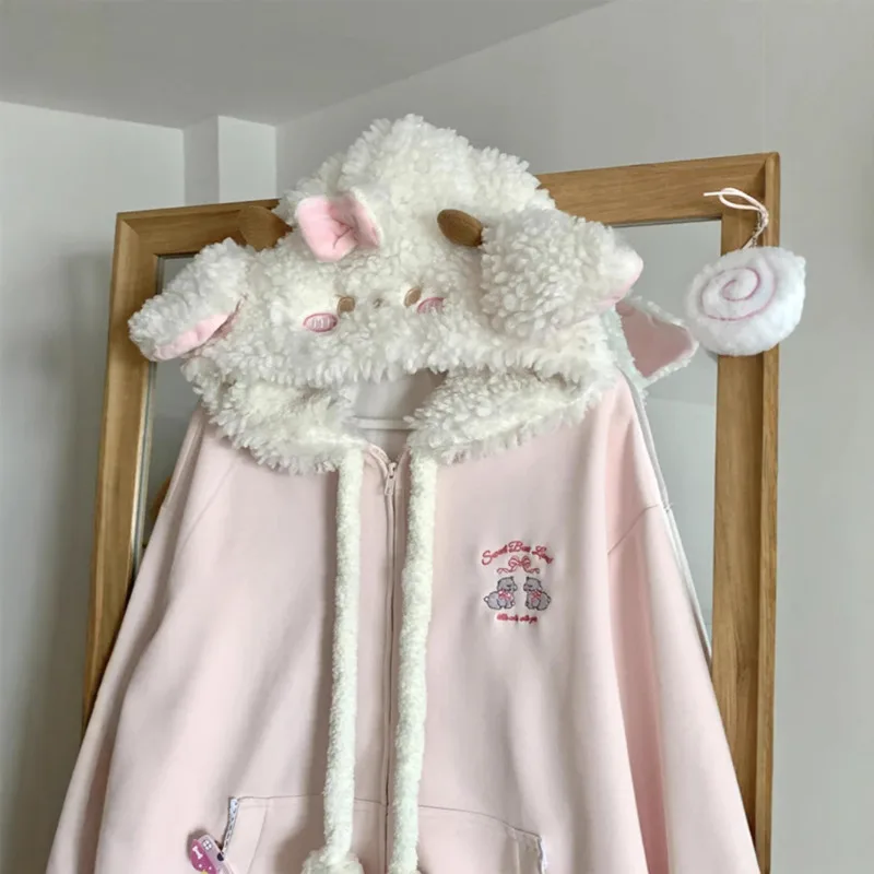 Kawaii Little Sheep Hoodie Long Sleeve Loose Coat Women Sweet Zipper Embroidery Jacket Autumn Female Casual Chic Lovely Overcoat