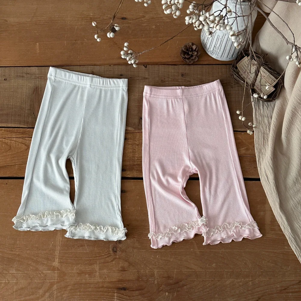 2026 Summer New Baby Girl Sweet Lace Flared Trousers Cotton Infant Thin Ribbed Leggings Girls Casual Pants Toddler Clothes