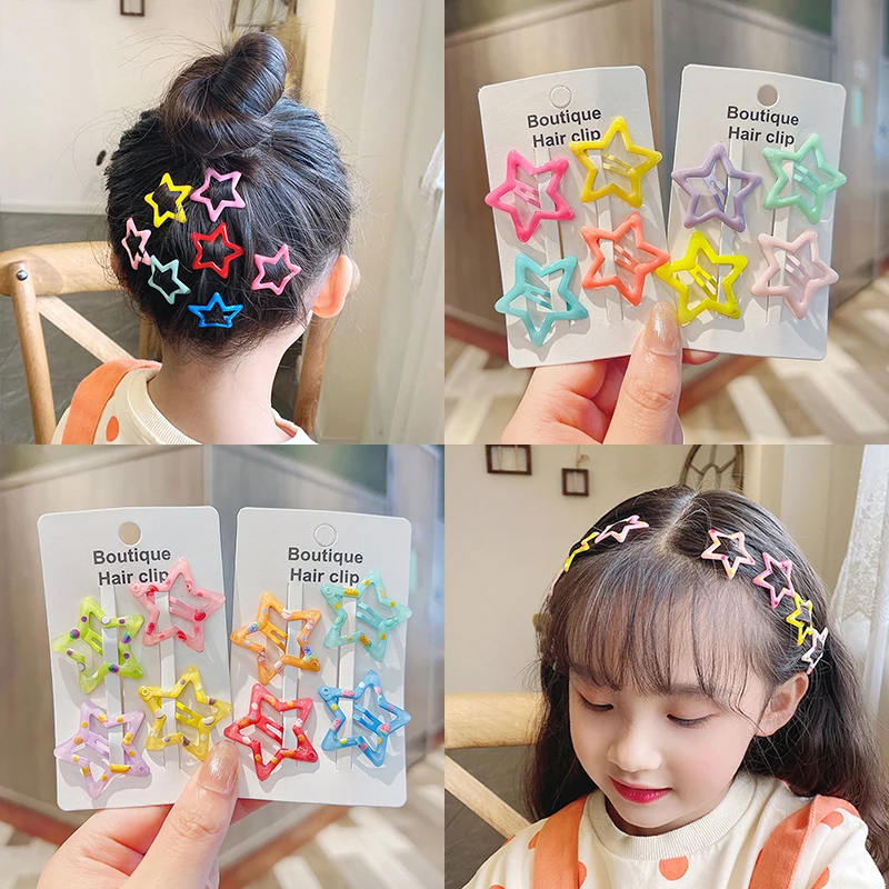 4/8 Pcs/Set Children Cute Colors Geometric Stars Heart Ornament Hair Clips Baby Girls Lovely Sweet Hairpins Kid Hair Accessories