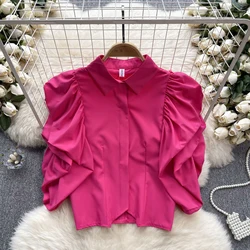 French Vintage Elegant Puff Sleeve fold turn-down collar Blouse Fashion Chic Top Fairy Spring Summer Women Shirt