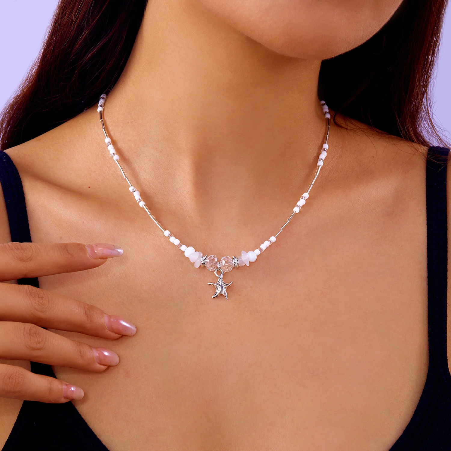 Elegant White Beads Starfish Necklace for Women Handmade Crushed Stone Choker Necklace Summer Beach Party Jewelry Accessories