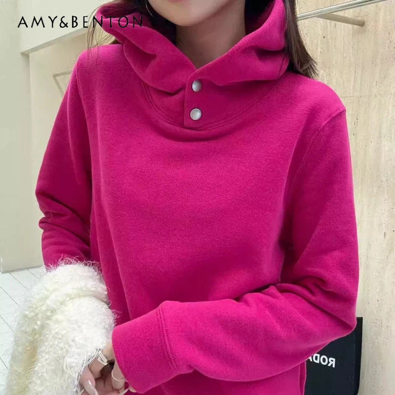 

Winter Fleece-Lined Thickened Hooded Loose Sweatshirt Ladies Pure Cotton Pullover Warm Top Slimming Solid Color Bottoming Shirt