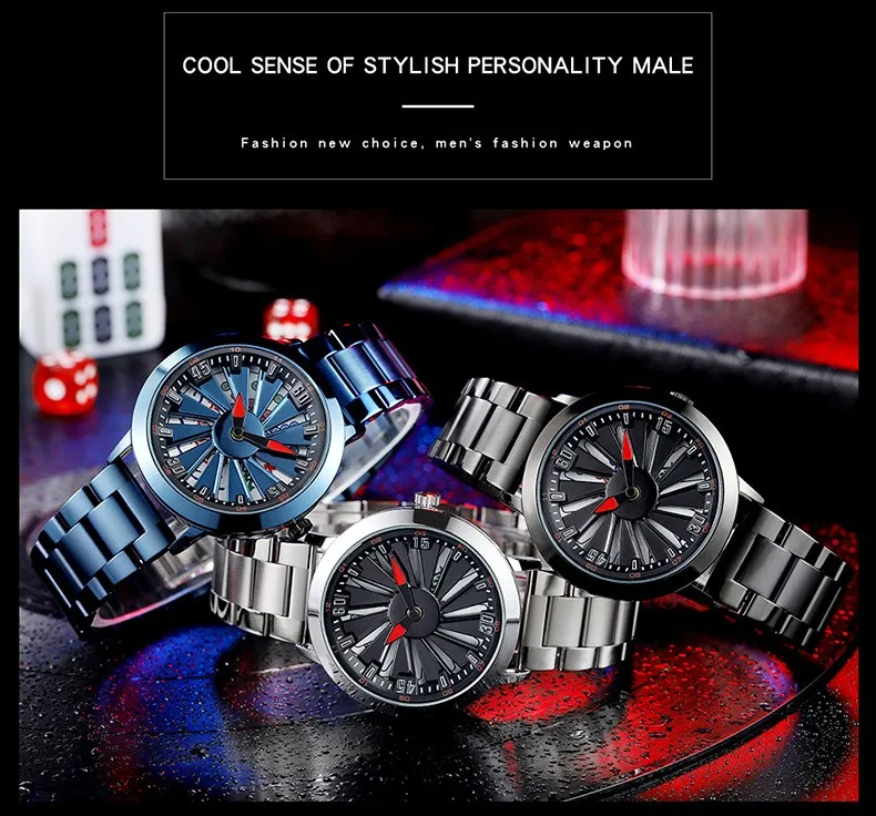 Fashion Sanda Top Brand Men Hot Sell Car Rim 360 Degree Rotating Wheel Dial Watch Stainless Steel Waterproof Sport Quartz Clock