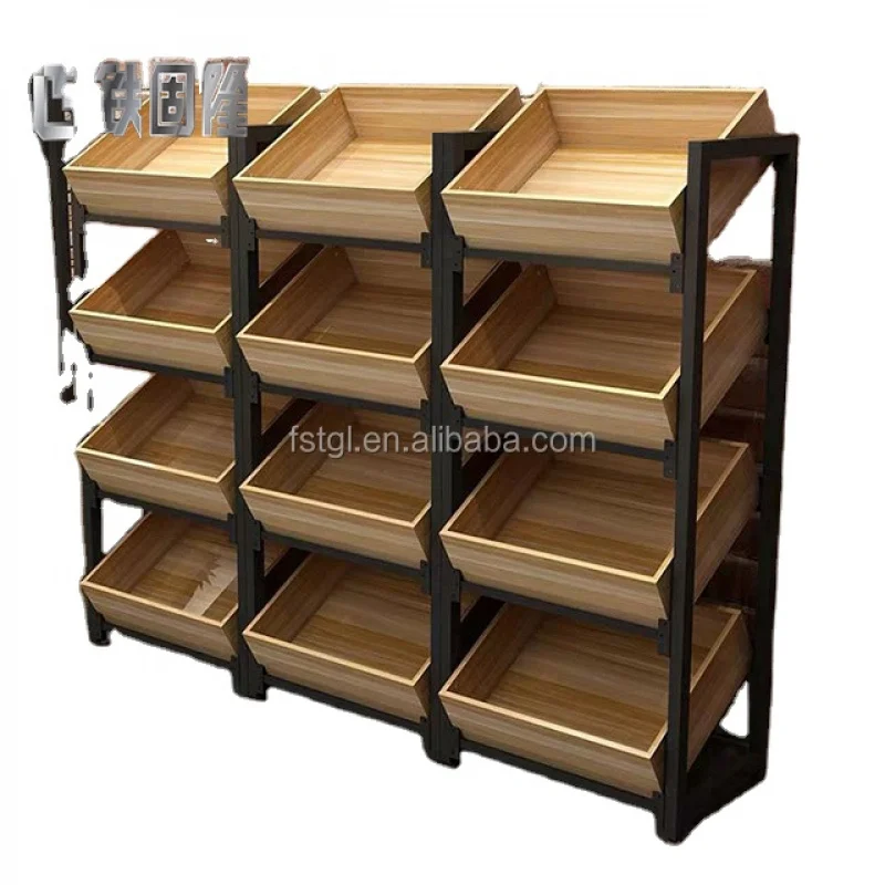 [Customized]Fruit Vegetable Bread Food Display Stand Rack High Grade Freestanding Wooden Supermarket Rack 1-Layers Heavy Duty