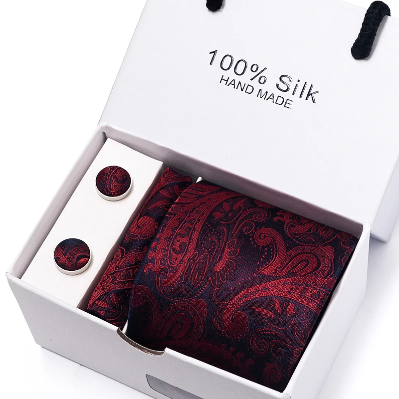 

100% Silk Tie For Men Gift Box Festive Present Tie Hanky Pocket Squares Cufflink Set Formal Red Wedding Accessories