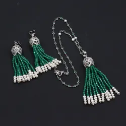 GG Naural Green Agate White Pearl Pendant CZ Chain Necklace Earrings Sets Cute Style For Lady Women Gift Jewelry