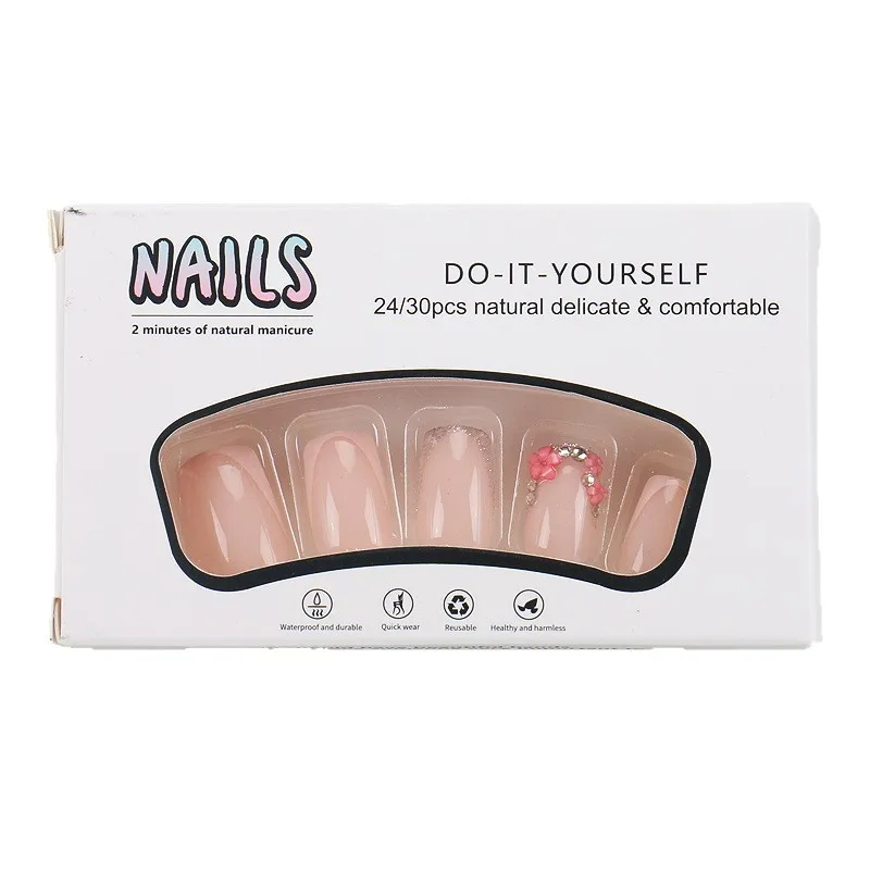 

24 pieces of wearing nail short French white edge rhinestone Spice Girl nail patch finished nail art