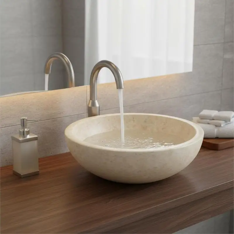 Vasque à poser en marbre 40x12 cm Crème, Vasque ronde pour salle de bain et toilettes invités, Aspect pierre naturelle avec surface lisse, Design peu encombrant pour salle de bain moderne, appartement, rénovation de maison, design intérieur nordique