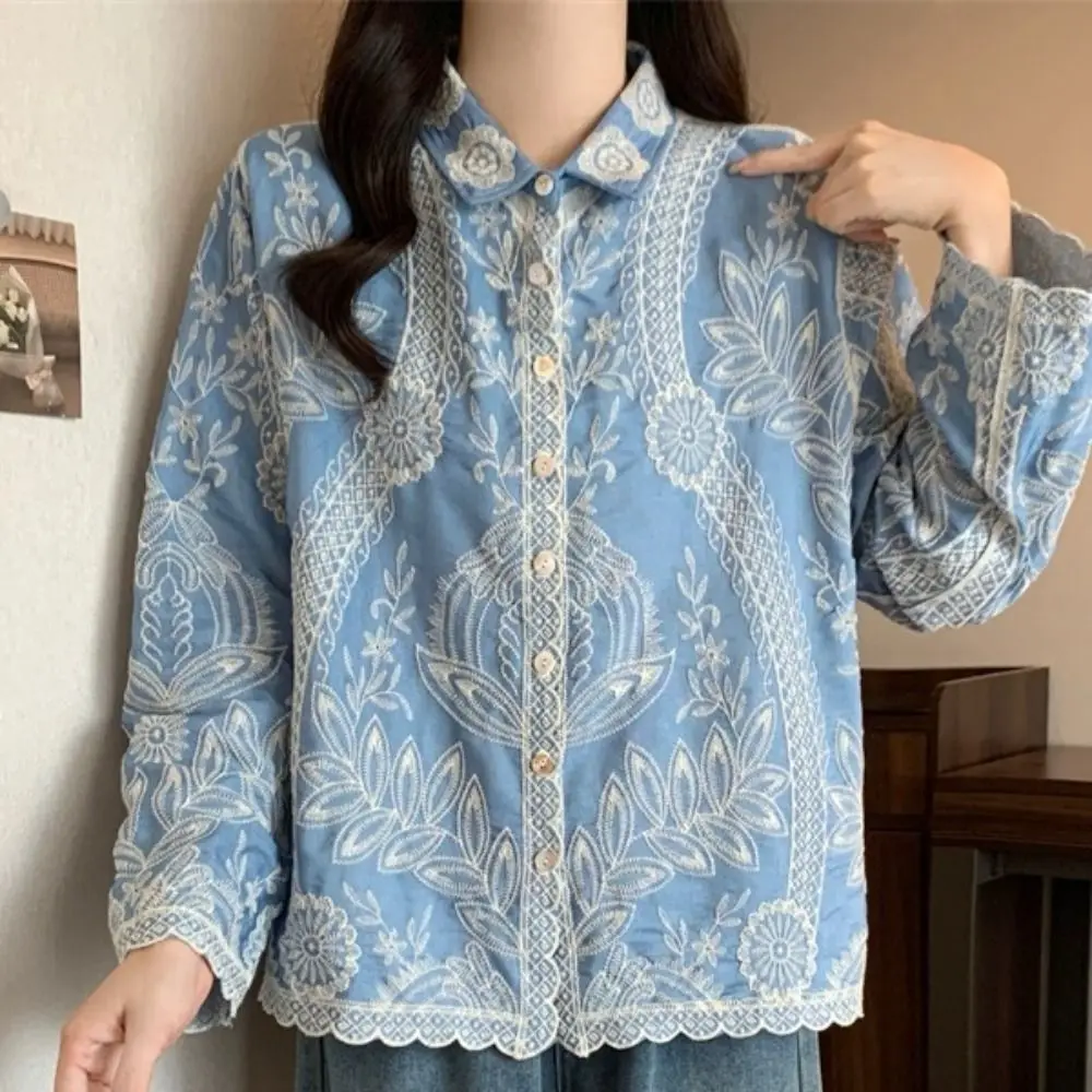 

Bright Color Ethnic Style Blouse for Women Cardigans Irregular Hem Embroidery Lace Top Lapel Chic Floral Shirts Vacation
