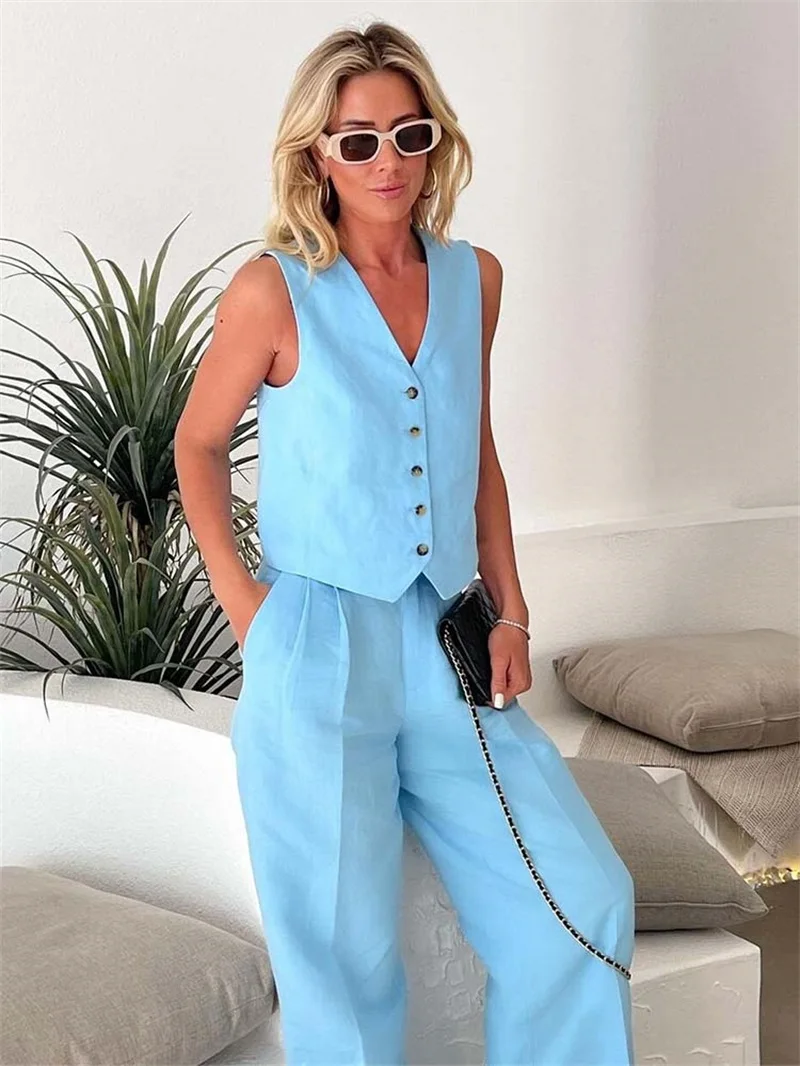 Linho Mulheres Ternos Conjuntos de Verão Vest Tops + Straight Wide Leg Pants 2 Pieces Formal Office Casual Hot Girl Wear Prom Outfit Em estoque