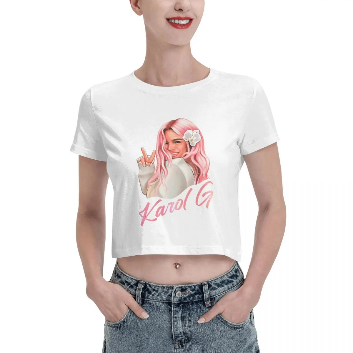 

Singer Karol G Graphic Bichota Tshirt Cartoon Graphic Tees Female Crop Top,Leak navel T-shirt