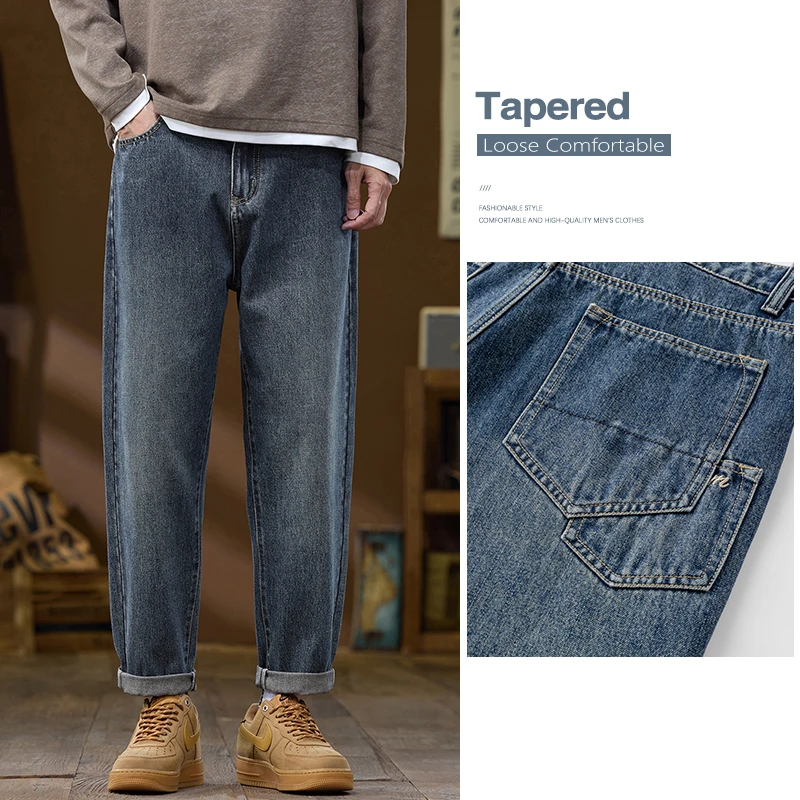 

Classic Loose Jeans Men's Spring Tapered Comfort Washed Cotton Denim Pants Retro Blue Fashion Streetwear High Quality Trousers