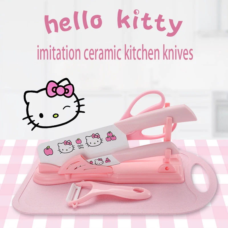 

Kawaii Sanrio Hello Kitty Cartoon Household Kitchen To Cook Knives Chopping Board Combination Set Anti-Rust Sharp Life Supplies