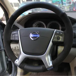 for Volvo XC60 2010-2013 S80 2012-2016 hand stitched non-slip black genuine leather suede car steering wheel cover