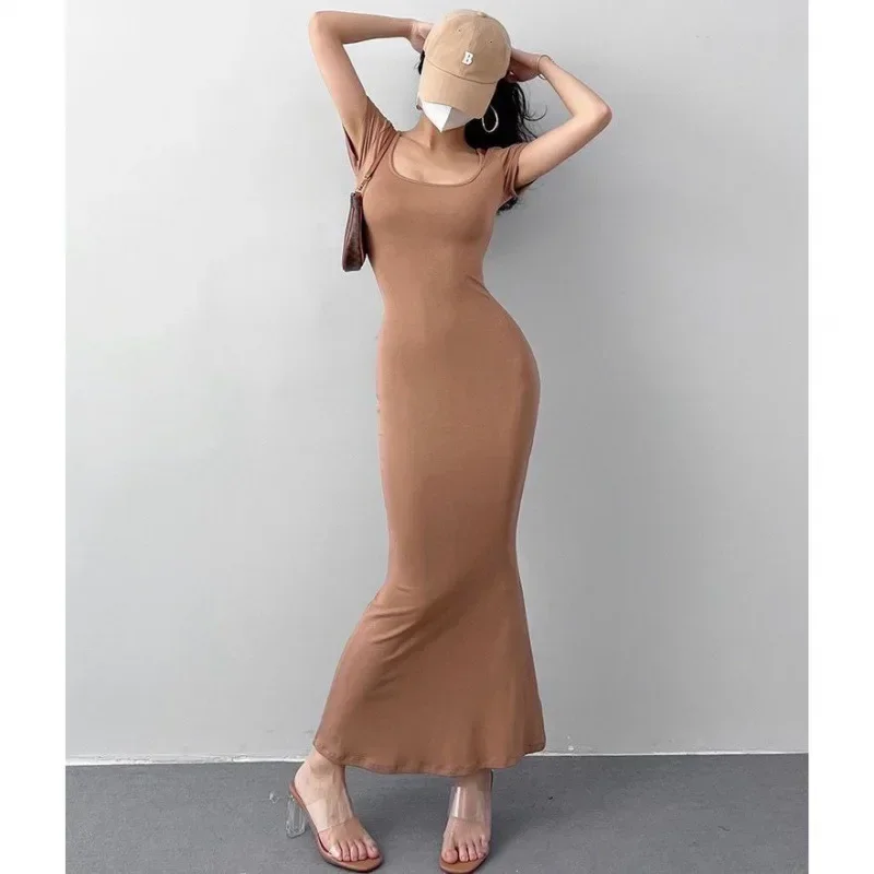 

New Summer Solid Slim Sexy Dress Women Short Sleeve Skinny Bodycon Maxi Dresses Woman Korean Party Vestidos Mujer Y2k Dress