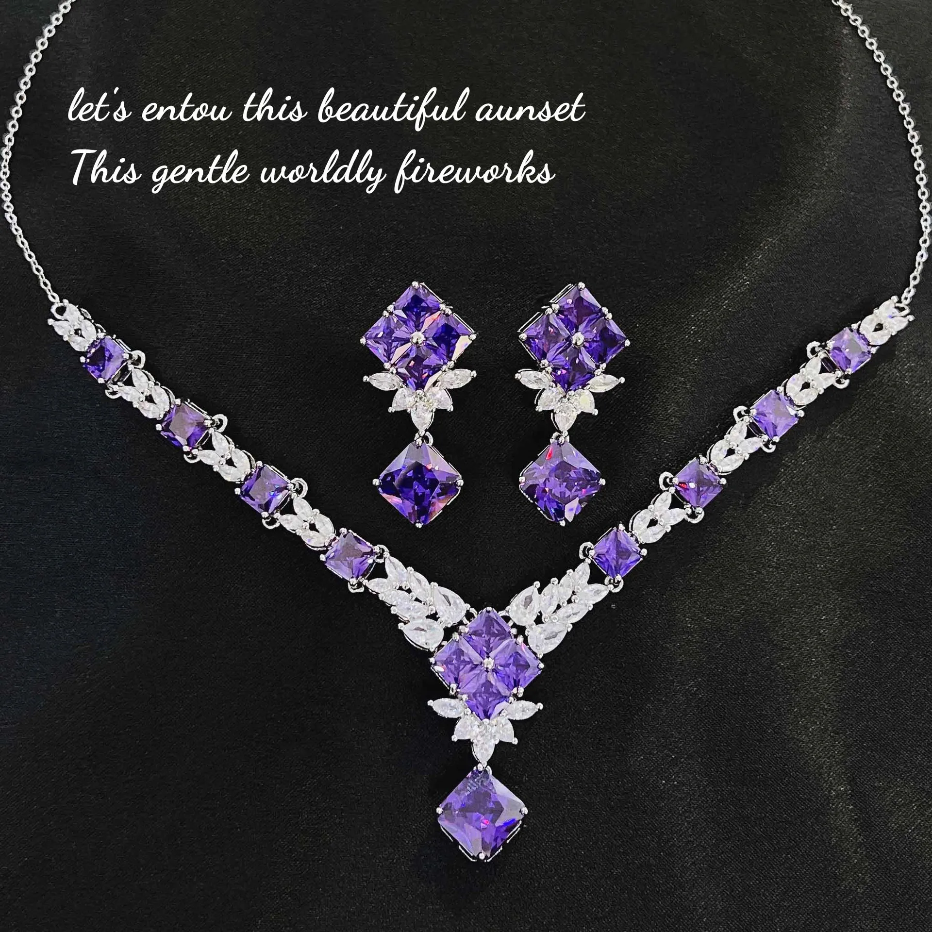 Foydjew Luxury Design Purple Crystal Necklaces Drop Earrings Rings Elegant Bridal Engagement Wedding Jewelry Sets For Women