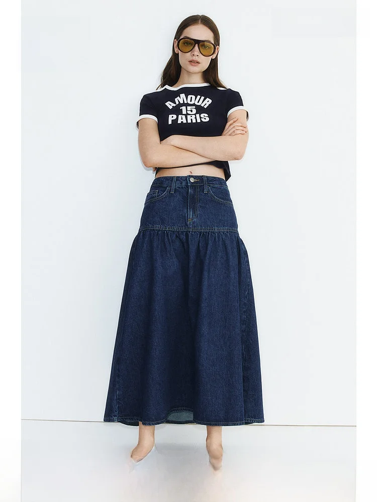 

Модная повседневная джинсовая юбка-клеш для женщин, весенняя коллекция, средняя посадка, длинная, 100% хлопок, HMBellBotDenimSkirt