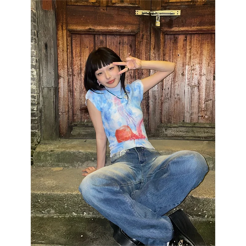 

2023 New Deep Sea Jellyfish Print Ruched Stretch Top for Women Y2K Millennium Aesthetic Slim Fit Short Sleeve Hot Girl Style