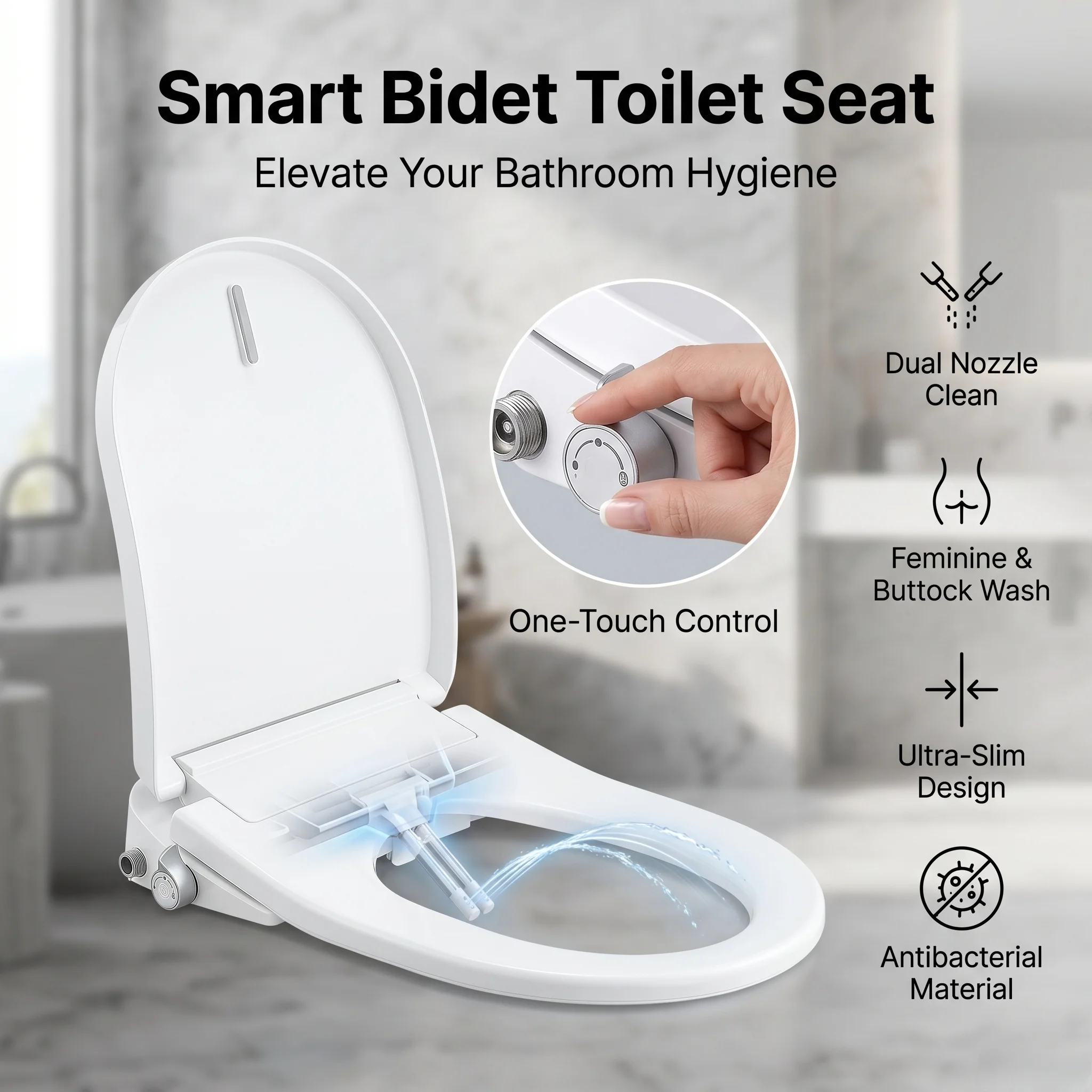 Modern square heated rechargeable smart toilet seat with drying function No need to plug in Antibacterial material B2B