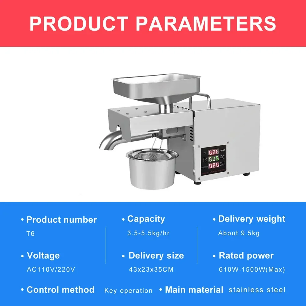 T6 1500W（max）Automatic Coconut Oil Press Machine househol peanut FLaxseed Oil Extractor Peanut Cold Hot Oil Press