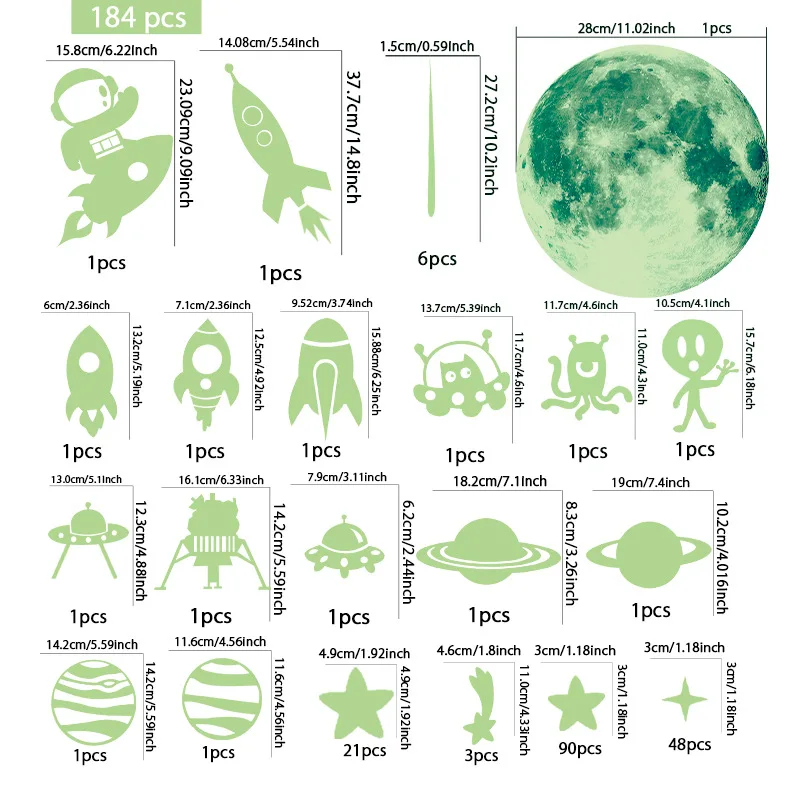 184 قطعة من ملصقات الفلورسنت المتوهجة في الظلام موضوع الفضاء نجوم القمر سفن الفضاء ، ديكور غرفة الأطفال ملصق كرتوني ذاتي اللصق