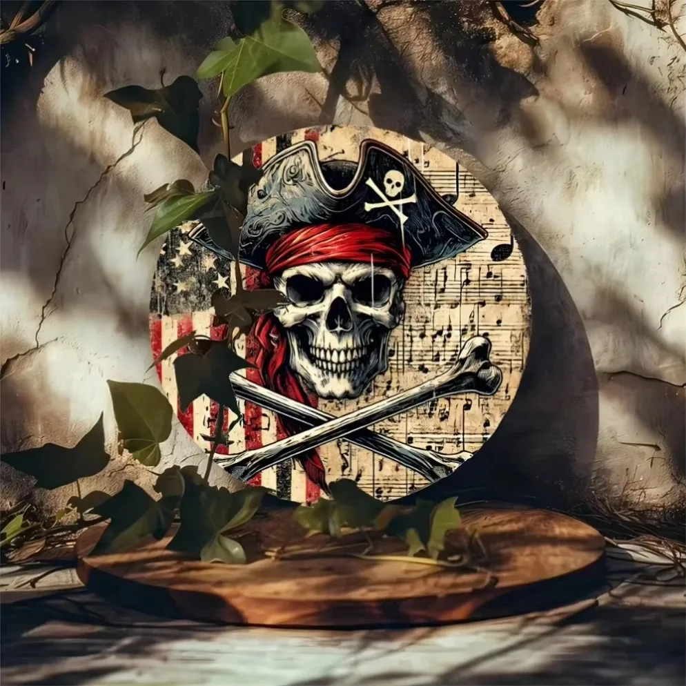 "'Pirate Skull" قطعة واحدة من لافتة القصدير المعدنية المستديرة - ديكور فني جداري للحانات والمطابخ