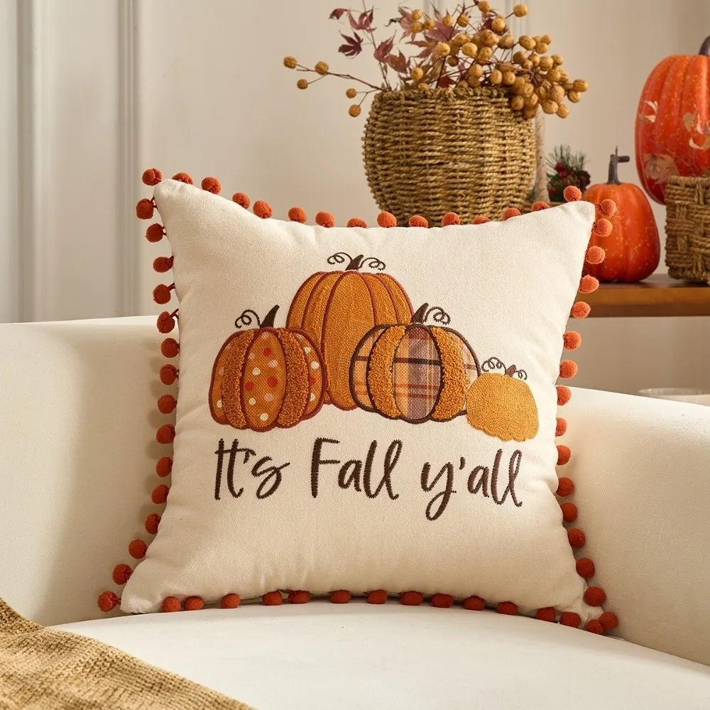 New Pumpkin Tufted Throw Pillow Cover Rustic Style Maple Leaves Cushion Cover Square Soft Pillow Covers Fall Decor