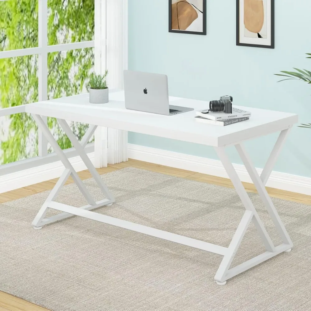 Modern Wood Home Office Desk for PC Writing Work, Metal Wooden Executive Workstation Student Simple Desk with Storage