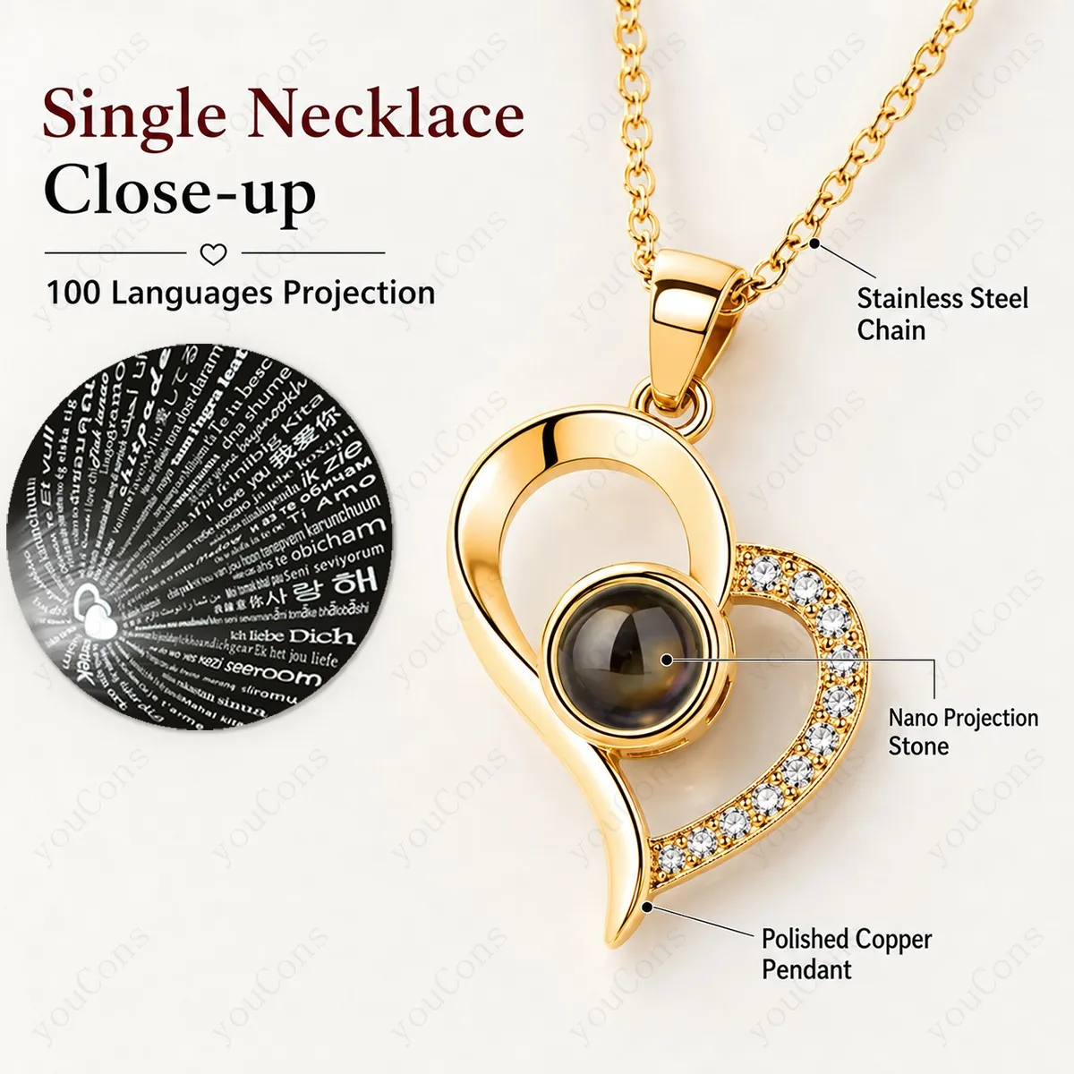 100 Languages I Love You Projection Necklace Heart Pendant With Multi Color Rose Gift Box  Stainless Steel Chain For Women New