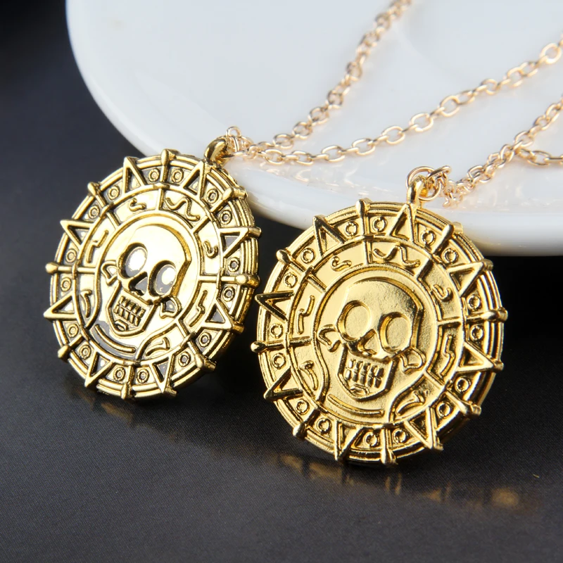 Pirates Of The Caribbean Necklace Jack Sparrow Aztec Skeleton Skull Heads Pendant Coin Medallion Vintage Jewelry