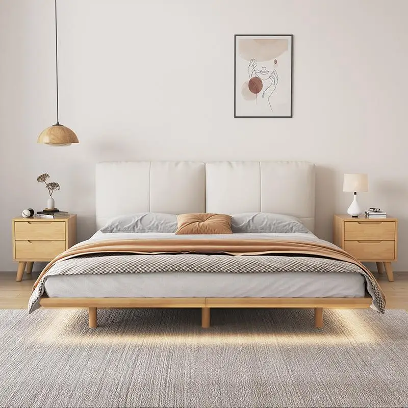 Suspended bed, solid wood, master bedroom, double, high-end, with lamp, cream wind, small apartment