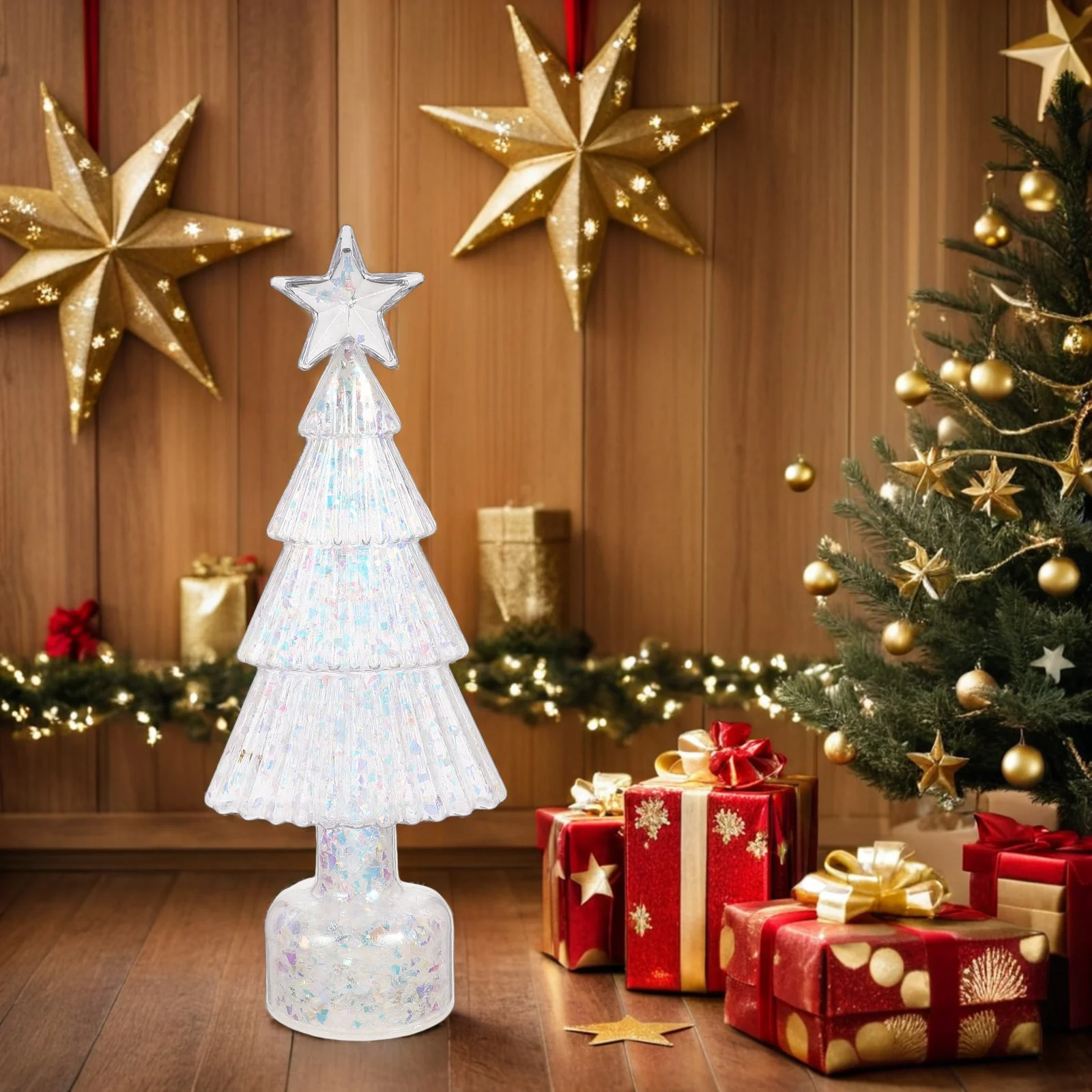

Iridescent Christmas Tree Desktop LED Lights Star Top Small Night Lamp Tabletop Xmas Centerpiece Indoor Nursery Room