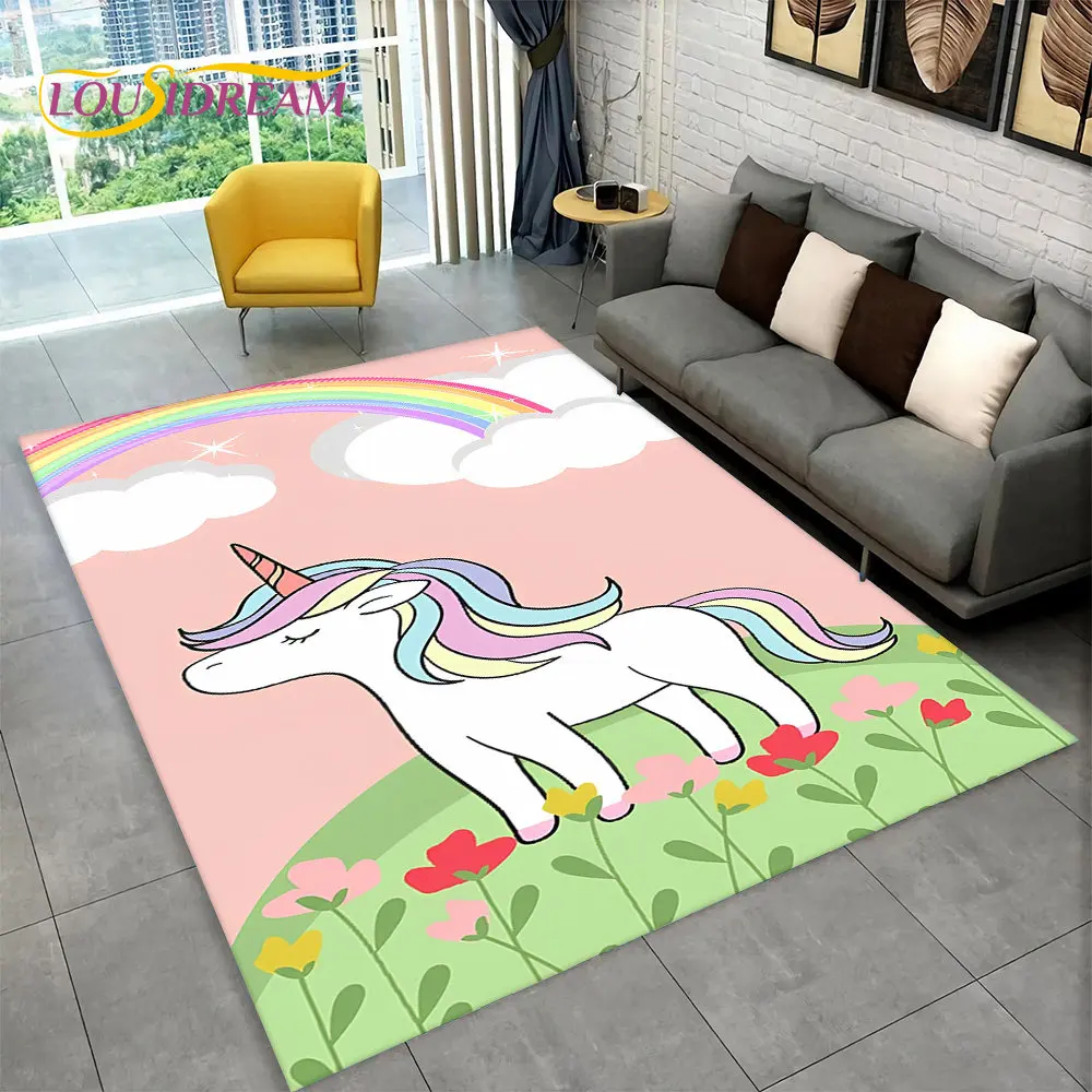 Alfombra de área de animales de unicornio de dibujos animados 3D, alfombra para sala de estar, dormitorio de niños, decoración de Felpudo de sofá,