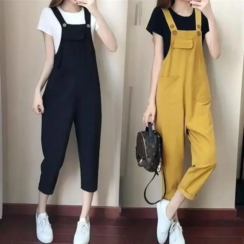 

Women's Strap Pants Suit 2025 Summer New Fashion Korean Casual Clothes Crop Top Ankle-Length Suspenders Overalls 2 Two Piece Set
