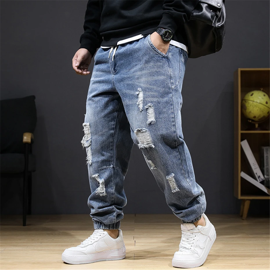 Fashion Streetwear Ripped Jeans Men Jogger Pants Plus Size 8XL Denim Pants Male Stretch Waist Jeans Big Size 8XL