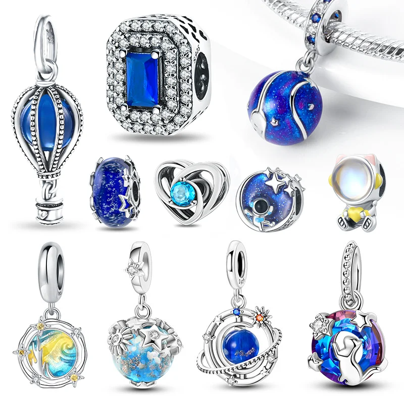 Hot Sale Real 925 Sterling Silver Blue Celestial Shooting Star Heart Double Charm Fit DIY Bracelet Necklaces Jewelry