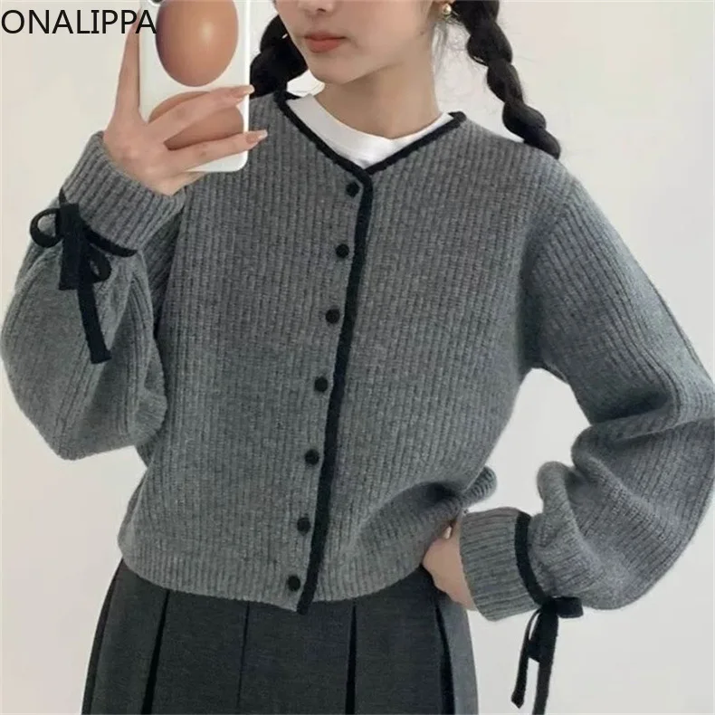 Onalippa Sweet Contrast Bows Cropped Cardigan Lace Up Patchwork V Neck Knitted Cardigans Korean Chic Single Breasted Sweater