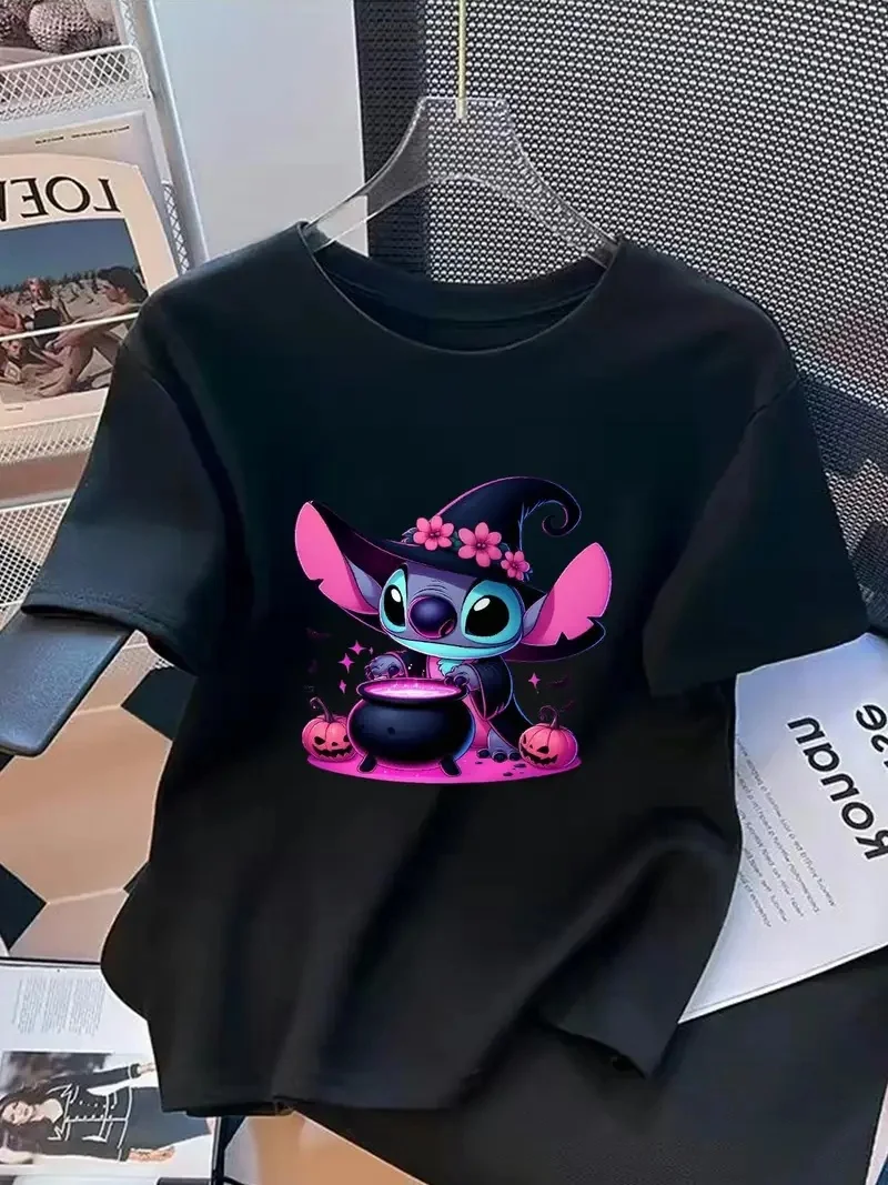 

2025 Disney Pattern Printed Women's Casual Comfortable Unique Smiling Face Black Round Neck Short Sleeve T-shirt
