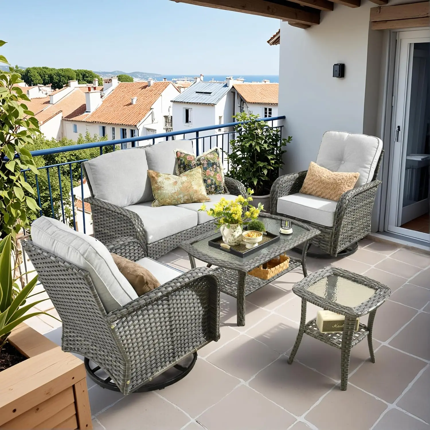 

Комплект садовой мебели, 5 предметов, набор для отдыха на открытом воздухе, всепогодный плетеный диван-софа с высокой спинкой и поворотным механизмом, на заказ