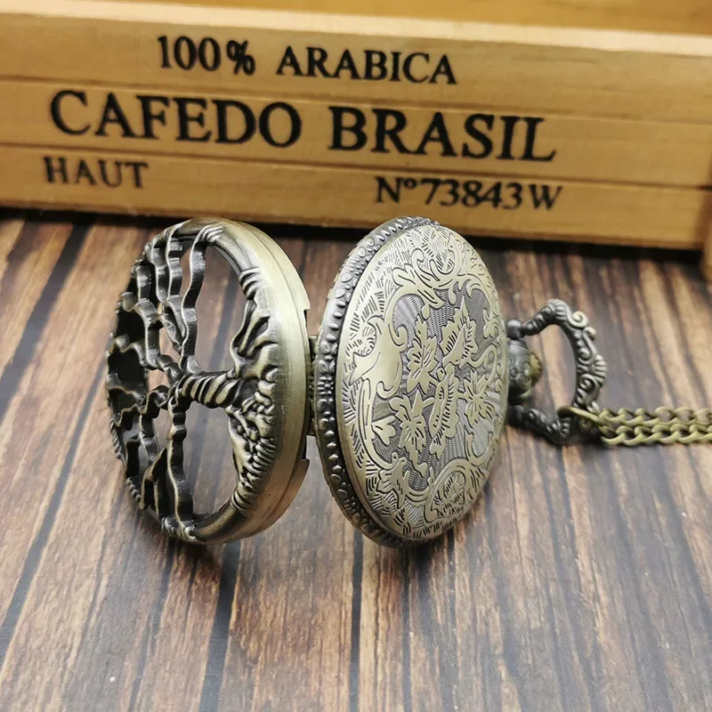 새로운 청동 생명의 나무 석영 주머니 시계 레트로 포켓 Fob 시계 펜던트 목걸이 주머니 시계 남성 여성 선물