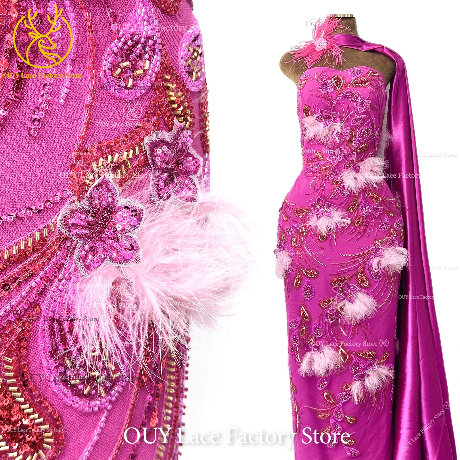 

New Design African Lace Fabric Sequins Beaded Mesh Lace Luxury 3D Feather Embroidery Tulle Lace Fabric For Sewing Wedding Dress