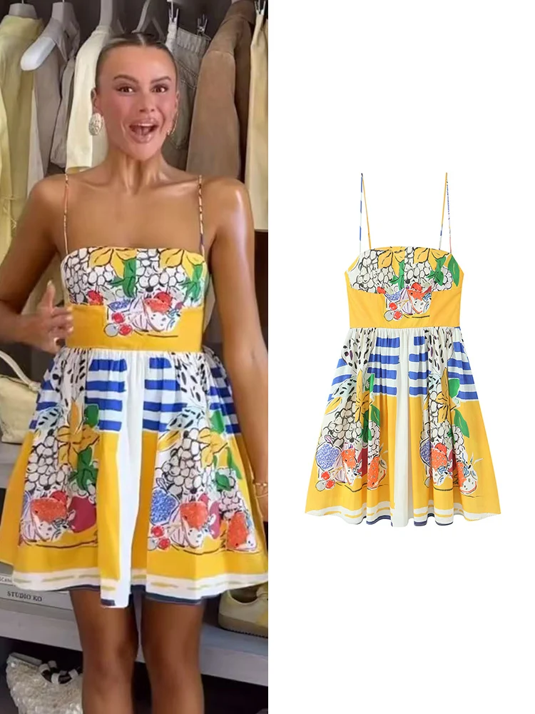 TFMLN المرأة عادية الفاكهة طباعة فستان الحمالات الصيف بلا أكمام عارية الذراعين عالية الخصر حبال الشاطئ عطلة فستان قصير الإناث #1