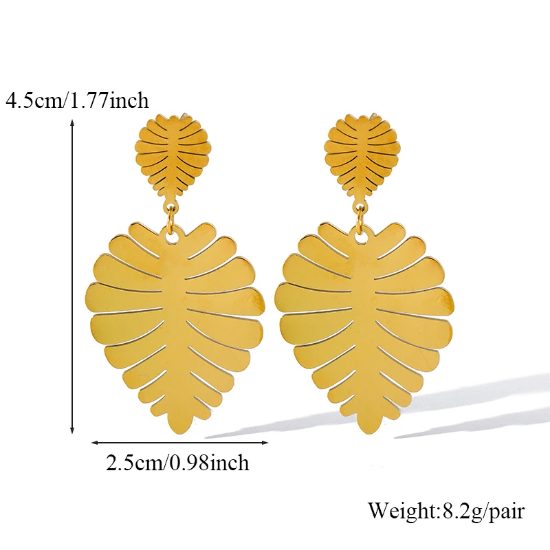 GANEMLY 2025 New Fashion Stainless Steel Metal Palm Leaf Stud Earrings For Women Elegant Gold Color Ear Dangle Jewelry Gifts