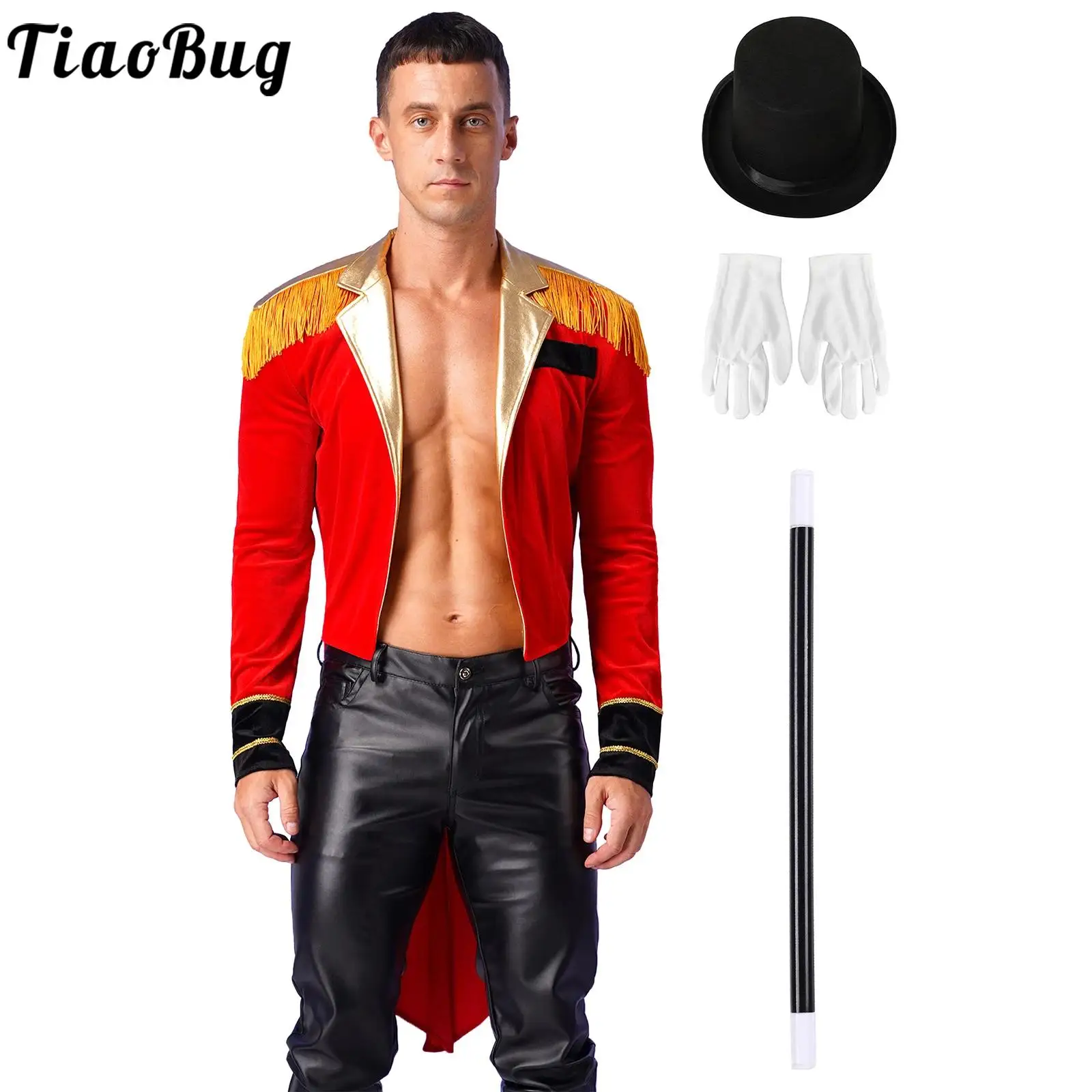 Mens Halloween Circus Costume Set Magician Lion Tamer Showman Tailcoat Jacket with Hat Gloves Carnival Party Fancy Dress Outfits