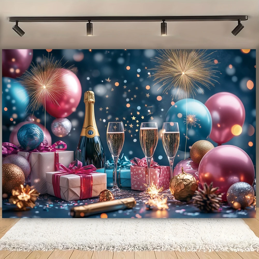 سنة جديدة سعيدة حفلة راية ديكور خلفية تألق بالونات الذهب الشمبانيا عطلة التصوير خلفية صور استوديو الدعائم