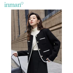 INMAN Women Tweed Jacket 2023 Autumn Long Sleeve Round Neck Loose Coat Classic Contrasting Color French Elegant Advanced Tops