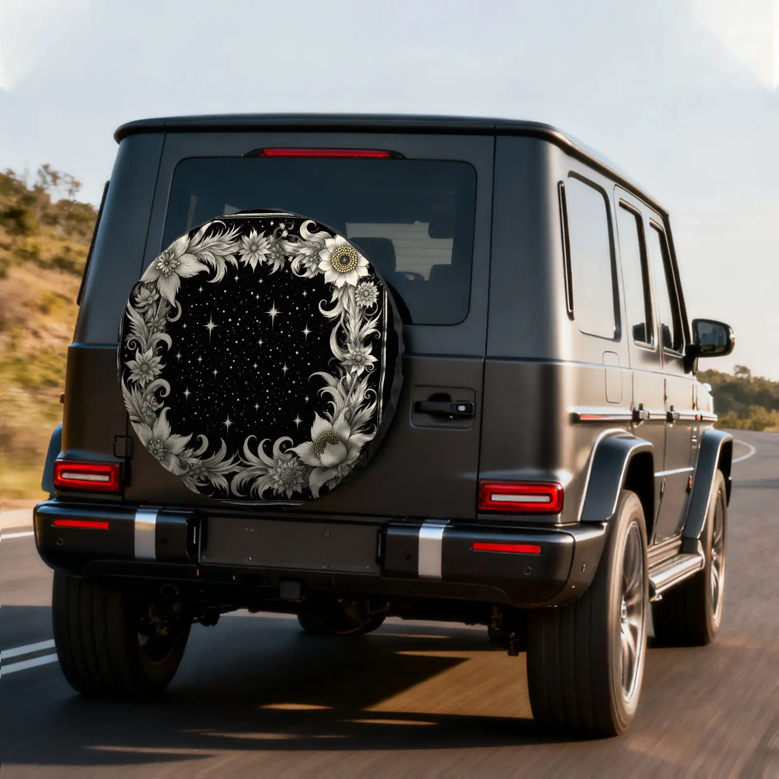 Vintage Starry Sky Floral Pattern Tire Cover, Polyester Material, Elegant Symmetrical Floral Border Decoration, Spare Tire Prote